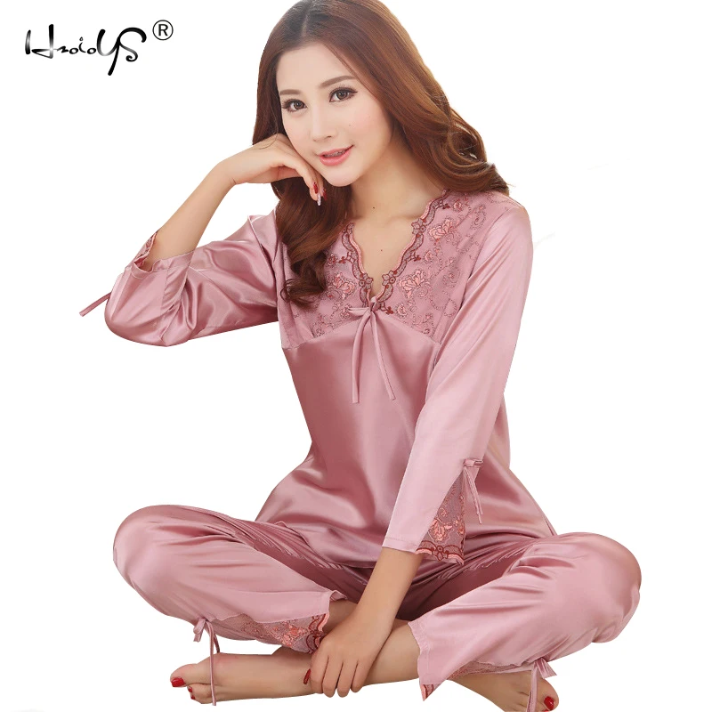 

Lace Sleeve Women Silk Satin Pajamas Set Full length V-Neck Sleepwear Ladies Winter Fashion Pyjamas New Arrival Women Sleepwear
