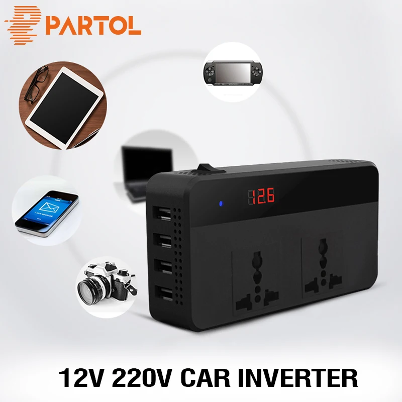 

Partol 12V to 220V Car Inverter 200W Power Inverter Voltage Converter With 4 USB Socket Charger Auto Cigarette Lighter Universal