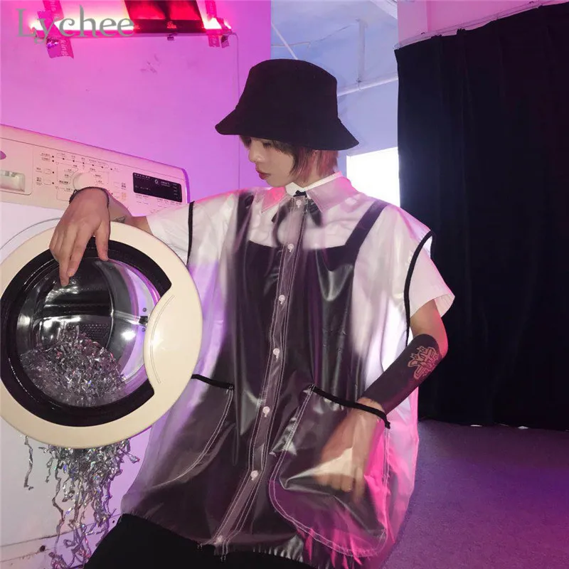 Lychee Harajuku ПВХ прозрачная матовая поверхность Женские рубашки Блузка Прозрачная