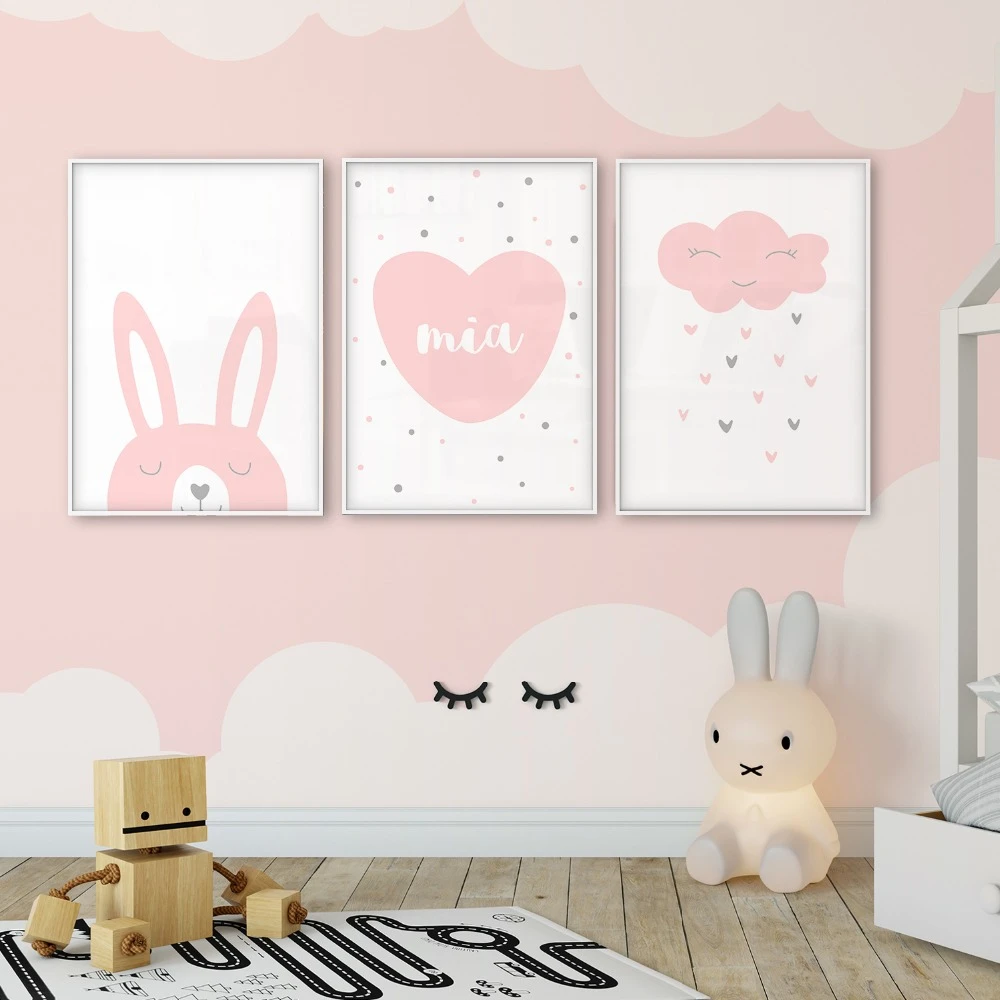 Affiche Personnalisee Avec Nom De Bebe Toile D Art Murale Imprimee Decor De Creche Lapin Nuage Rose Nom Personnalise Pour Enfants Chambre De Bebe Aliexpress