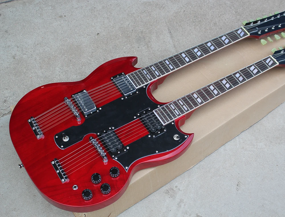 

Factory 6+12 Strings Wine Red Double Neck Electric Guitar with Black Pickguard,Chrome Hardware,Rosewood Fretboard,Can Customized