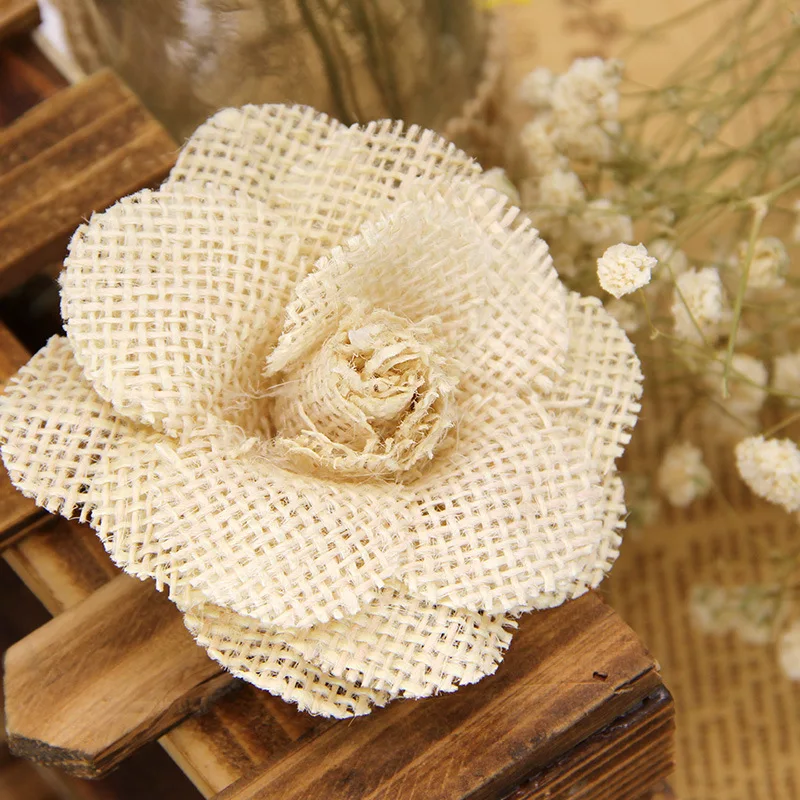 2/3/5pcs 9cm Handmade Jute Hessian Burlap Rose Flowers Vintage Rustic Wedding Decoration Jute Christmas Decorations for home