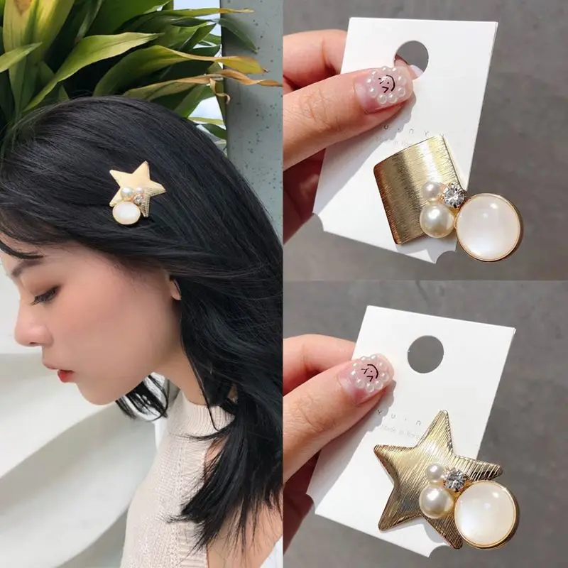

Ocean Style Metal Alloy Duckbill Hair Clip Star Square Textured Stripes Hairpins Imitation Pearl Rhinestone Side Bangs Barrettes