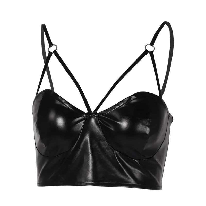 

Summer Women's Sexy PU Tank Tops Front Strap Cross Black Cropped Tanks Dark Fashion Punk Gothic Vest Camis for Girls