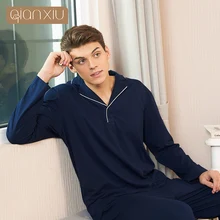 Осень, большие размеры, мужские повседневные пижамные комплекты, Мужской мягкий хлопковый пижамный комплект с отложным воротником, рубашка с длинным рукавом и штаны