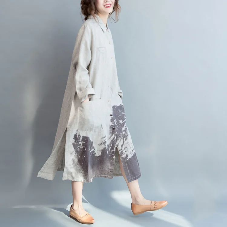 LZJN Vintage Painting Style Summer Long Dress Long Sleeve Shirt Woman Lady Loose Big Size Casual Fashion Button Down Shirt Dress (23)