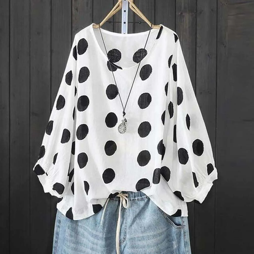 

Women Casual Blouse Plus Size Polka Dot Print Blouse Loose Shirt Puff Sleeve Tops Blouse Camisa das mulheres YJJ2