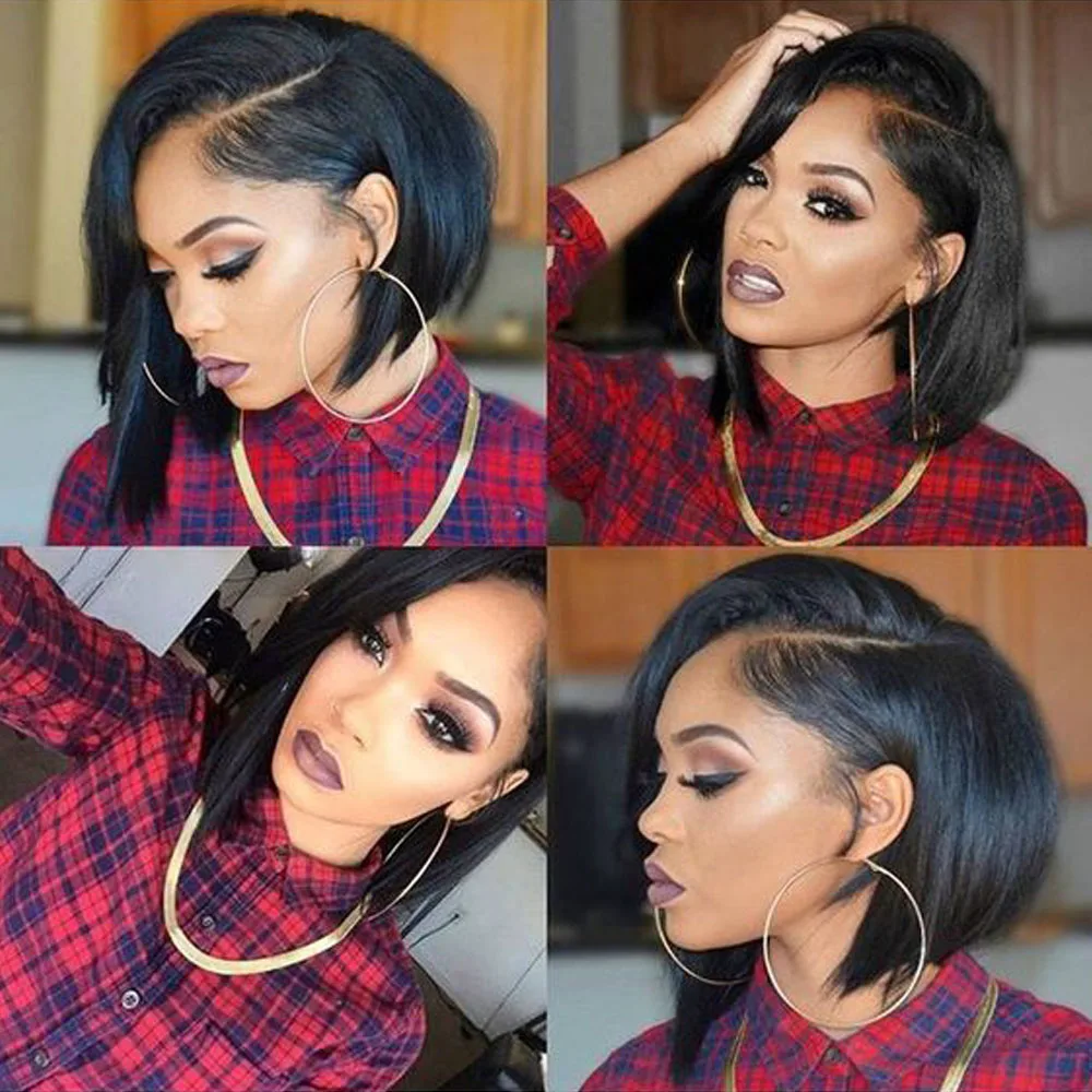  Alibd Short Lace Front Human Hair Wig Brazilian Straight Glueless Bob Wig Natural Color Remy Hair L