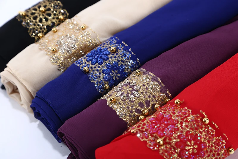 10 шт женский кружевной шифоновый Шелковый золотой шарф, украшенный бисером блестящий цветочный однотонный мусульманский хиджаб жемчужный
