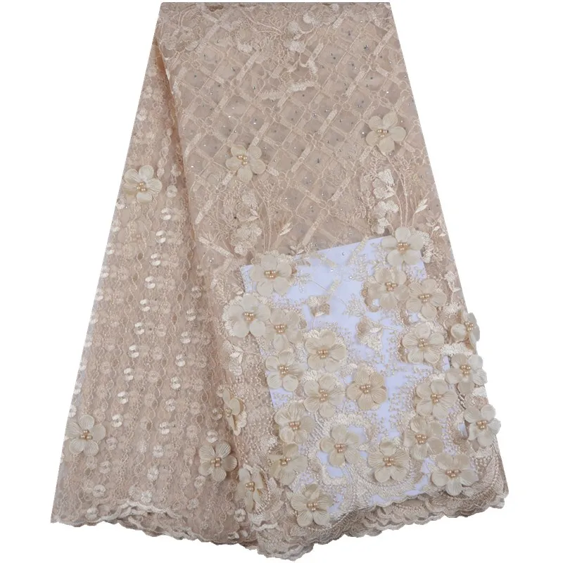 

Beige 3D Lace Fabric Tulle Net Fabric High Quality African Lace Embroidered French Lace Fabric With Beads And Stones S1543