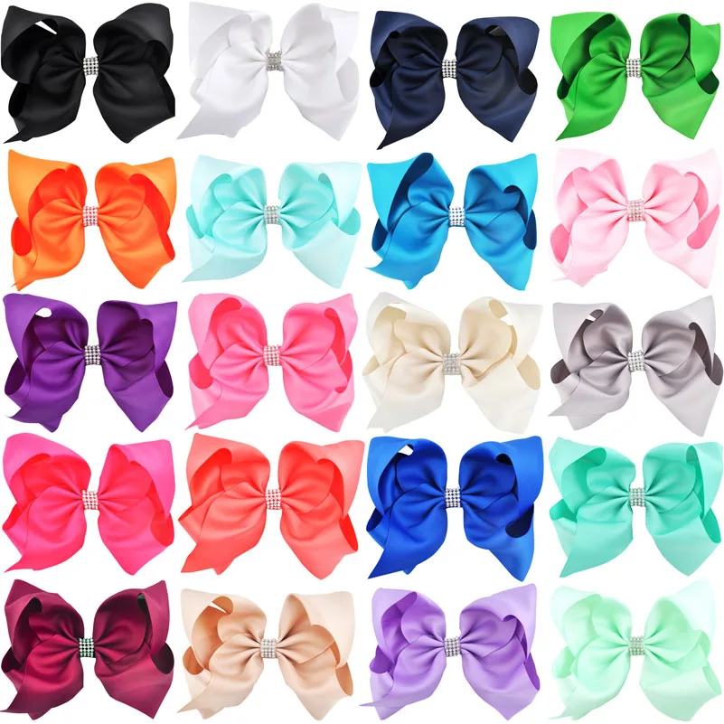 

8 inch 20pcs/lot Big Large Hair Bows Rhinestone Alligator Clips Girls Hair Accessories Childrens Women Hairpins Grosgrain Ribbon