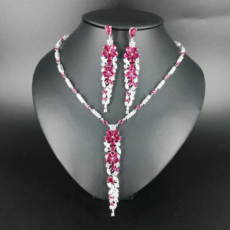 

NEW FASHION romantic V style red red zircon necklace earring wedding bride banquet formal dress jewelry set free shipping