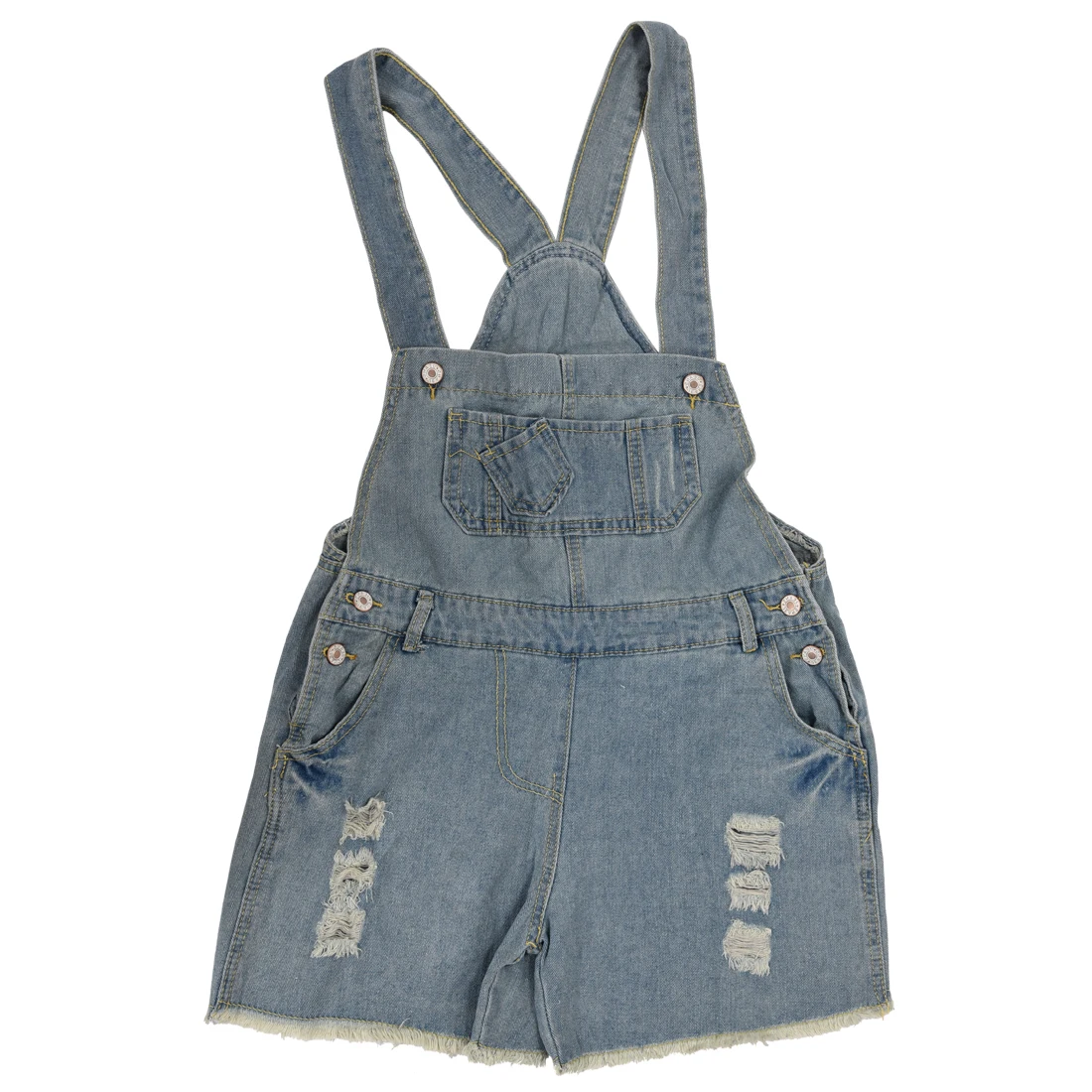 

IMC Denim Rompers Strap Pockets Frayed Ripped Holes Overalls Jumpsuits for Women Light Blue S