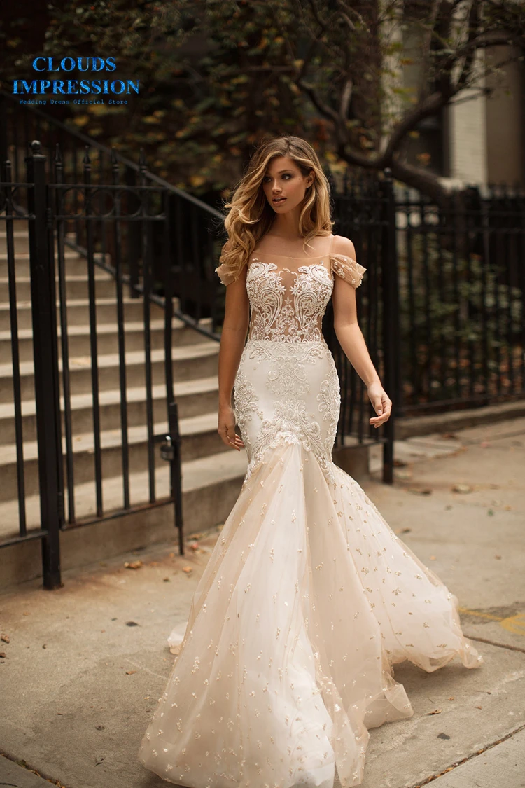 

CLOUDS IMPRESSION Mermaid Wedding Dresses 2019 Beading Off Shoulder Sexy Trumpet Bridal Gown Vestido de Noiva Plus Size