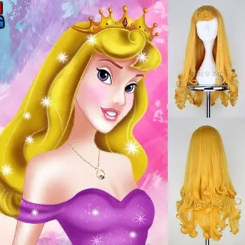 

Free hair cap Sleeping Beauty wig Princess Yellow wavy wig Halloween Girl Role Play Princess Wavy Gold Hair free shipping