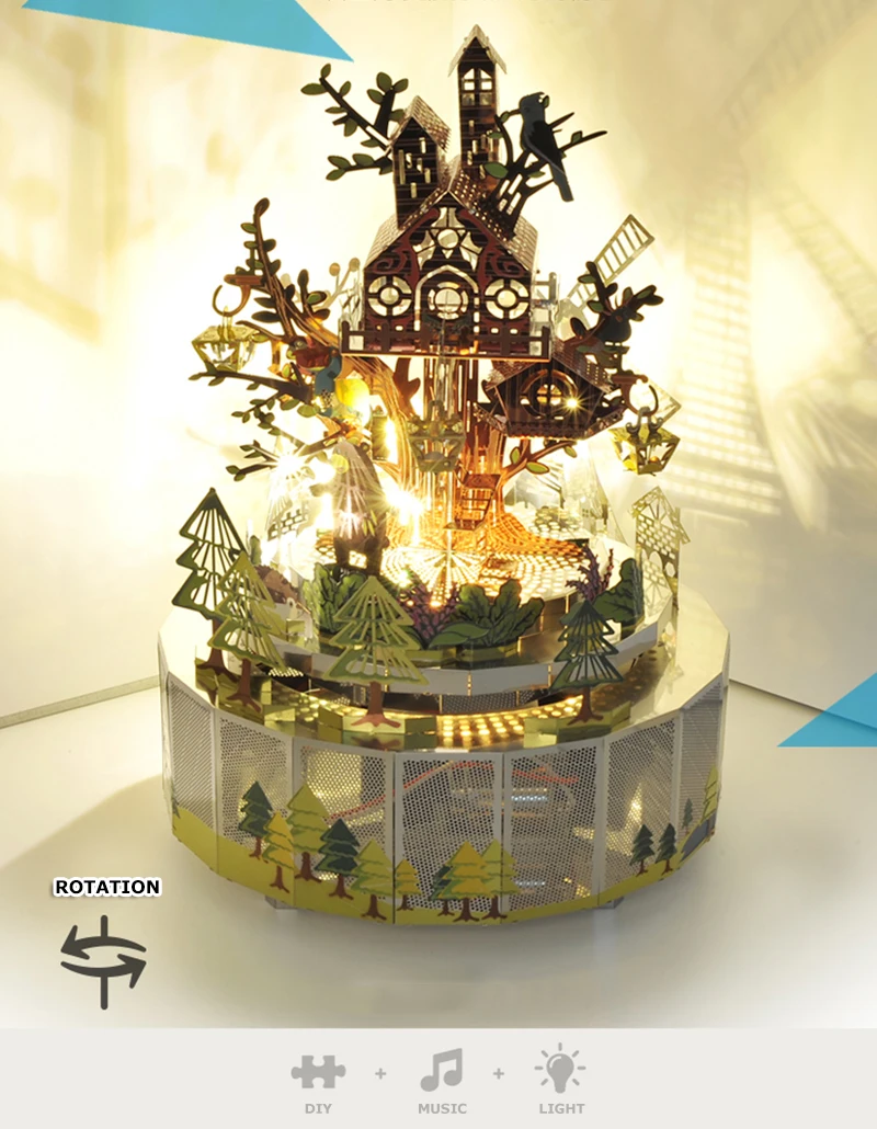 Forest Frenzy Theme Music Boxes DIY Metal Music Box with Music Light Rotation Adult Birthday Gift Present For Children