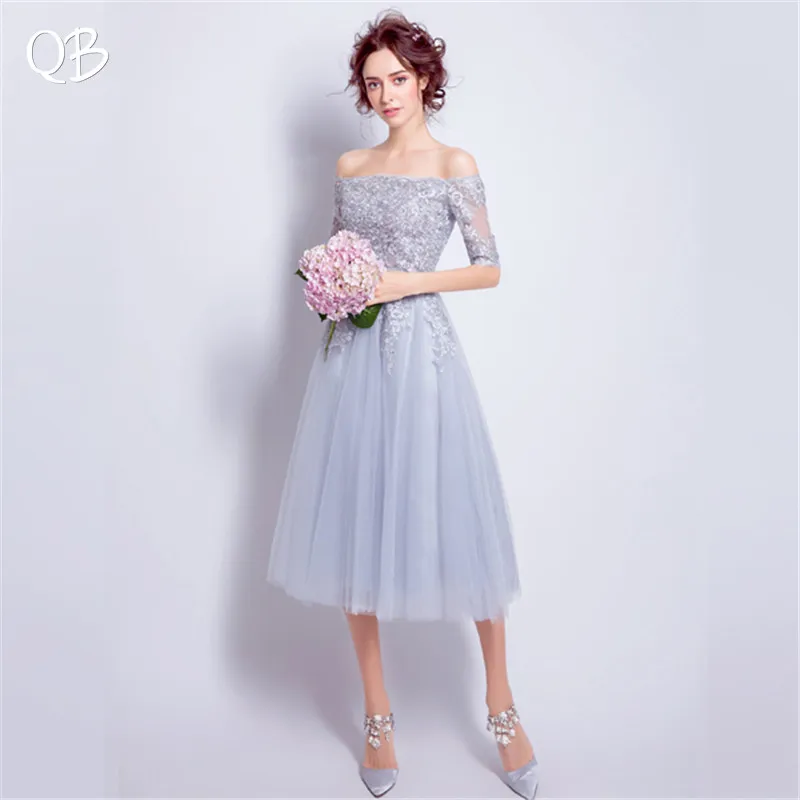 

A-line Half Sleeves Tulle Lace Crystal Beaded Gray Short Sexy Evening Dresses Bride Banquet Party Prom Dress XK165