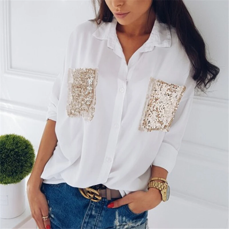 

hirigin Fashion Women shirt Casual Long Sleeve Chiffon chest sequined pocket long sleeve Blouses Loose female Tops Blouse