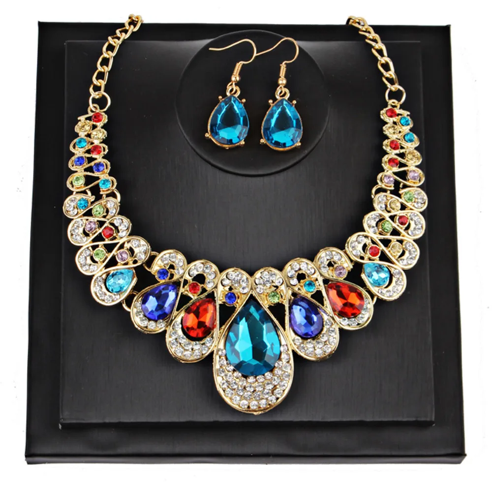 

Crystal Golden Plated Jewerly Sets For Women Statement Pendant Charm Chain necklace earrings jewellery set 8.30