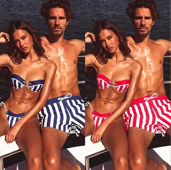 

New Couple Swimwear Stripe Bandeau Push Up Bikini Set Women's Bandage Thong And Men's Swimming Trunk Beachwear Swimsuit