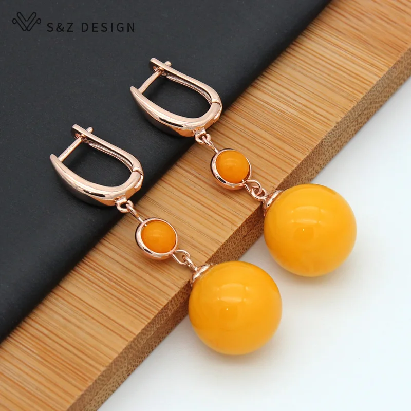 S&Z DESIGN New Round Simulated Beeswax Long Dangle Earrings Trendy 585 Rose Gold Color Eardrop For Women Wedding Party Jewelry