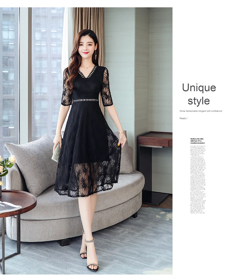 Femal Vintage Elegant Black Lace Boho Midi Dresses Summer Plus Size Solid Sexy Beach Sundress Women Bodycon Party Vestidos