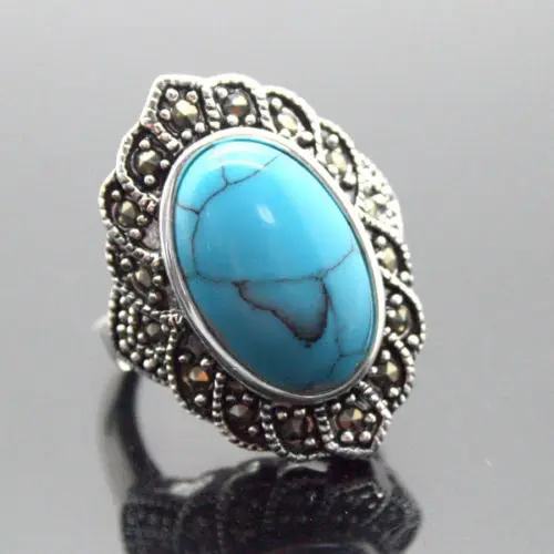 

17X30mm Blue Turquoises Oval Gem 925 Sterling Silver Marcasite Ring Size 7/8/9/10