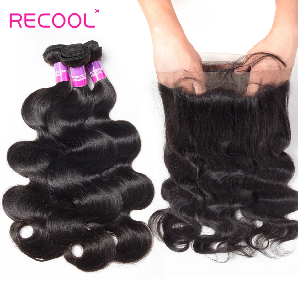 

Recool Hair 360 Lace Frontal With Bundle Brazilian Hair Weave Bundles Remy Body Wave Human Hair 3 Bundles & 360 Frontal