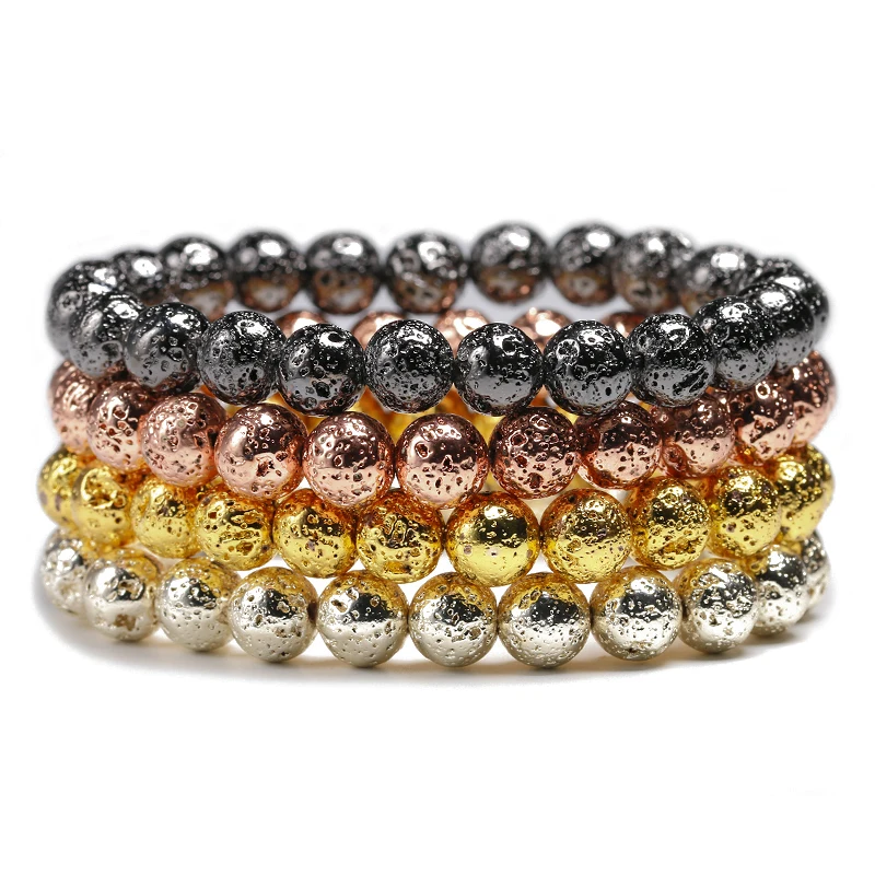 Plating Natural Stone Lava Bracelets Men Fashion 8mm Round Black Beads Elasticity Rope Bracelet for Women Strand Jewelry