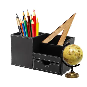 

Hot High Grade Wooden Leather Pen Pencil Box Holder Desktop Remote Storage Box Stationery Organizer Case Container