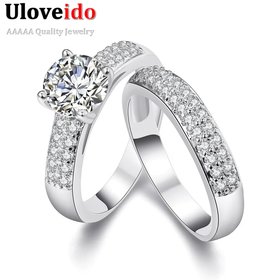 Uloveido Promise Engagement Double Rings For Couples Men Women Gold Color Pairs Wedding Ring Set for Men and Women 5% Off KR005