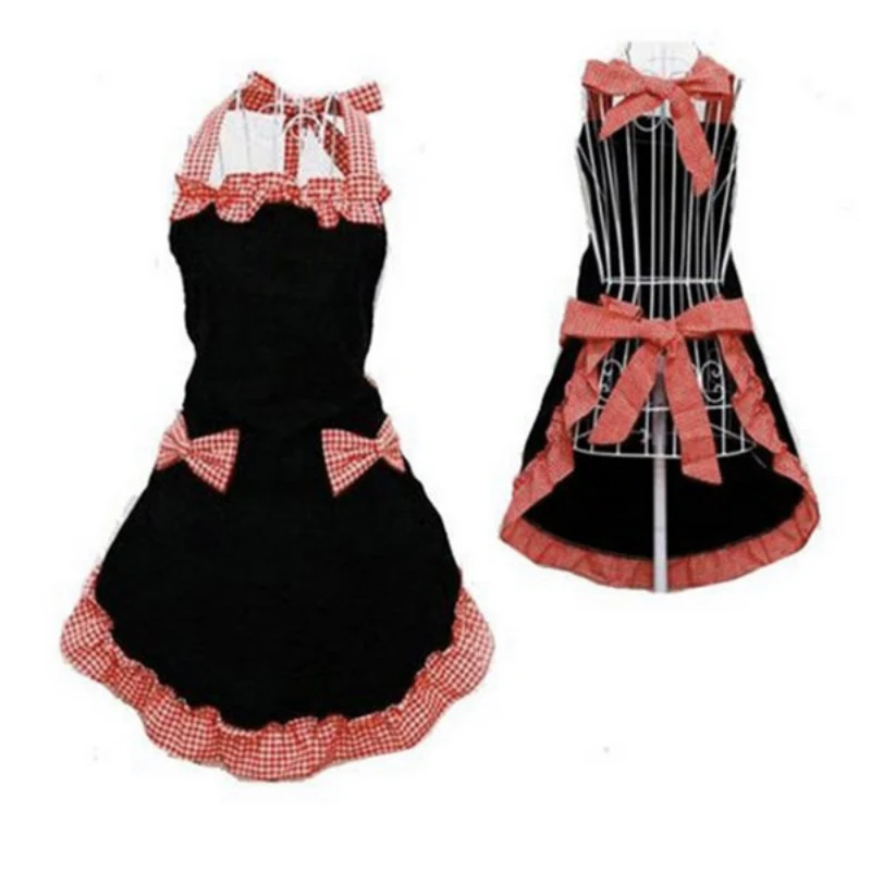 Adjustable Lovely Lace Work Apron Kitchen Cooking Women Ladies Lace Sexy Aprons with Bow Knot Pocket Kitchen Bib Apron for Women