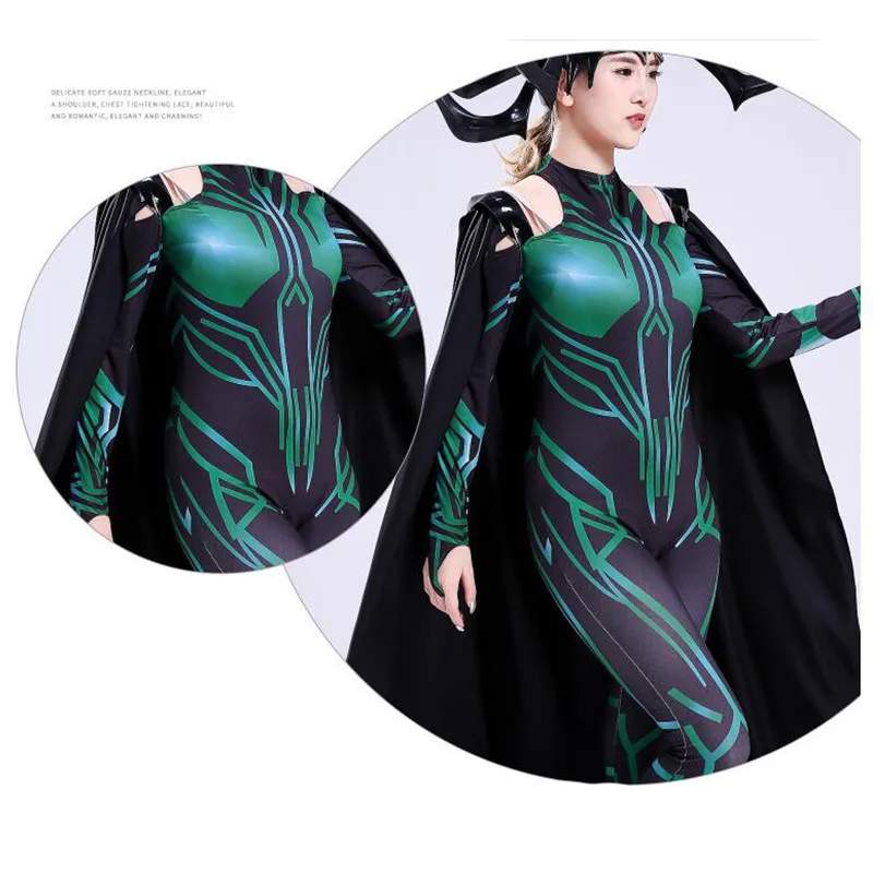 Thor Ragnarok Hela; карнавальный костюм; вечерние костюмы супергероя на Хэллоуин; Zentai; комбинезон для взрослых с накидкой и головным убором