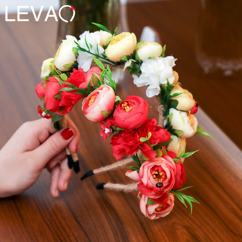 

Levao Women Wedding Floral Crown Headband Floral Head Wreath Flower Head Band Bridesmaid Bridal Garland Forehead Hairband
