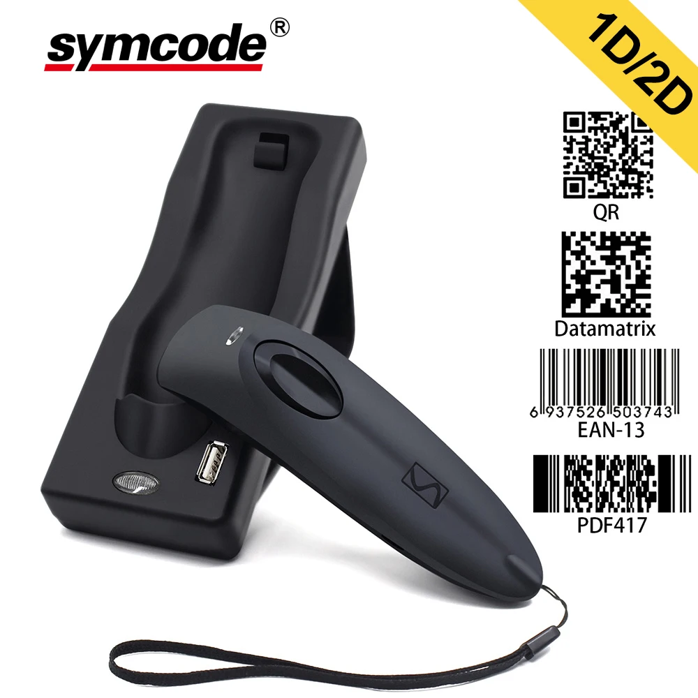 Varredor sem Fio do Código de Barras de Bluetooth Leitor sem Fio do Código de Barras de Bluetooth do Symcode 2.4g com Base da Carga 2d Usb