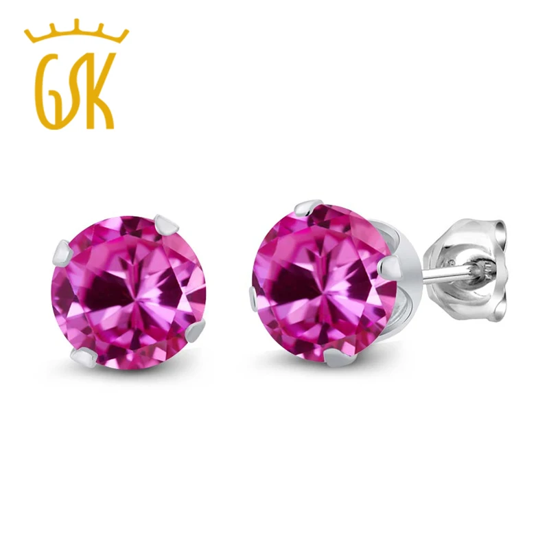 

GemStoneKing 2.00 Ct Round 6mm Pink Created Sapphire 925 Sterling Silver Classic Stud Earrings For Women