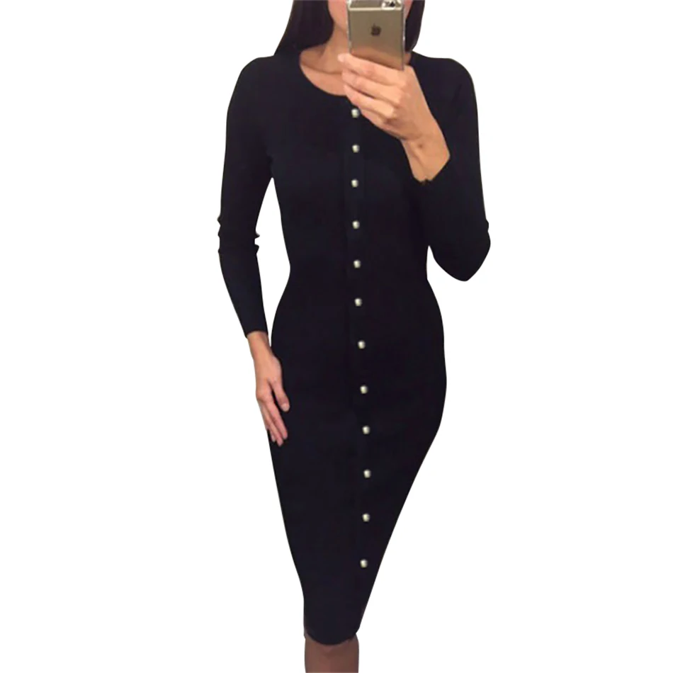 

Autumn Women Dress Knitted Solid Black Dress Knee-Length Long Sleeve Maxi Dresses Slim Winter Office Casual Dress Robes Vestidos