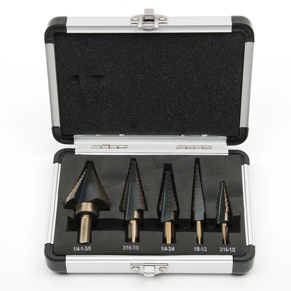 HSS Step Drill Bit Cobalt Alloy Titanium Coat Bits Triangular Round Shank Metal Multiple Inch Drilling Set Hole Cutter 5in1 Case HSS Step Drill Bit Cobalt Alloy Titanium Coat Bits Triangular Round Shank Metal Multiple Inch Drilling Set Hole Cutter 5in1 Case