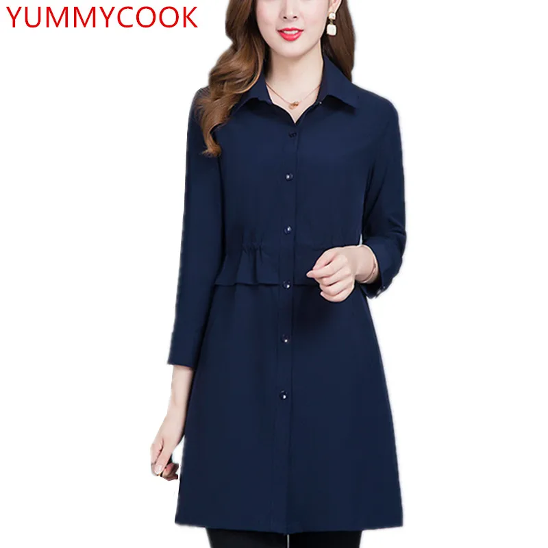 Taille Femmes Printemps Mode A395 Automne Chemise Moyen Manteau khaki Blue Section Coupe Femelle Longue 2018 Yummycook De Mince Vêtements vent mN80nw