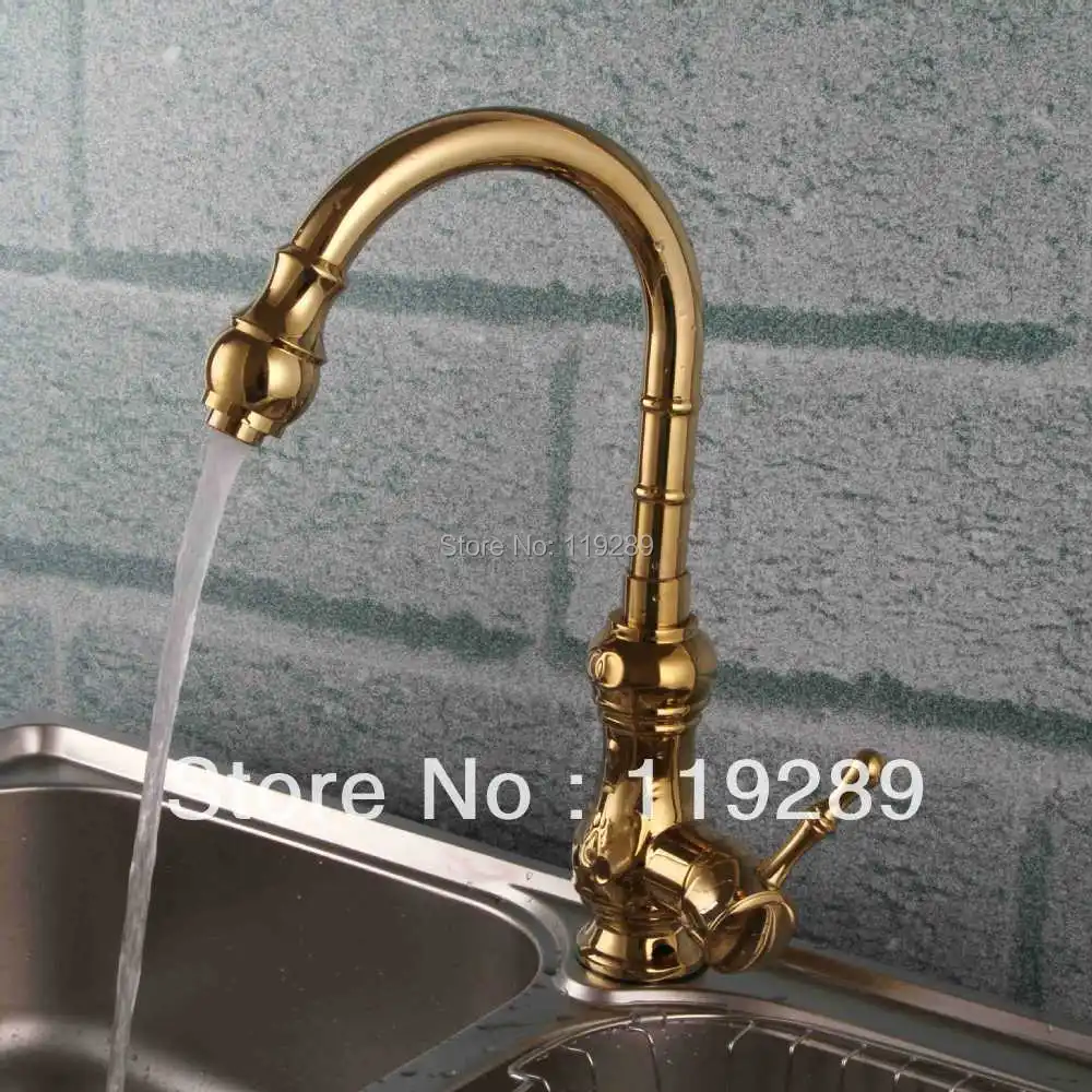 Golden Brass kitchen Faucet. Polished Gourd shaped long neck vessel kitchen water faucet. hot