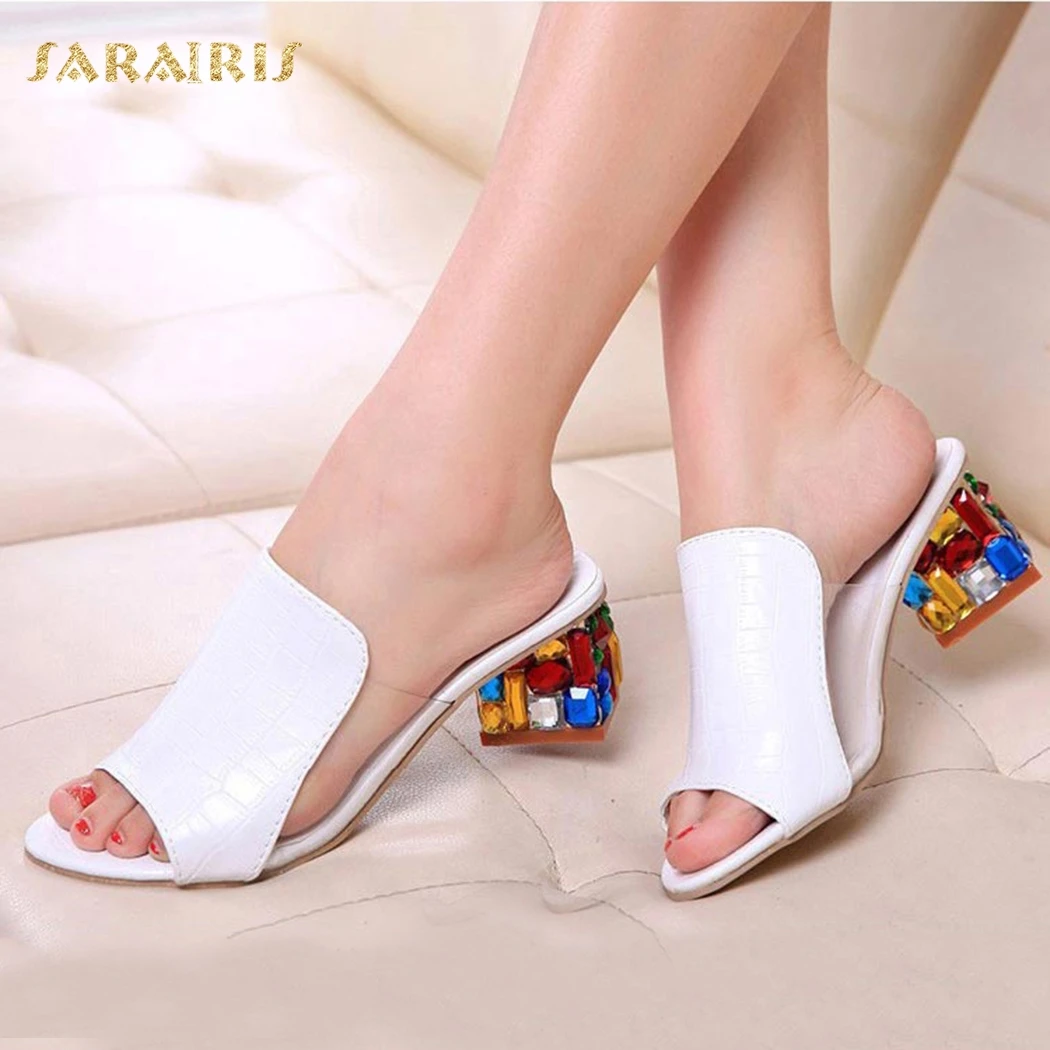 

SARAIRIS Colorful Rhinestone Chunky Heel Open Toe Summer Shoes Woman Sandals White Black Purple