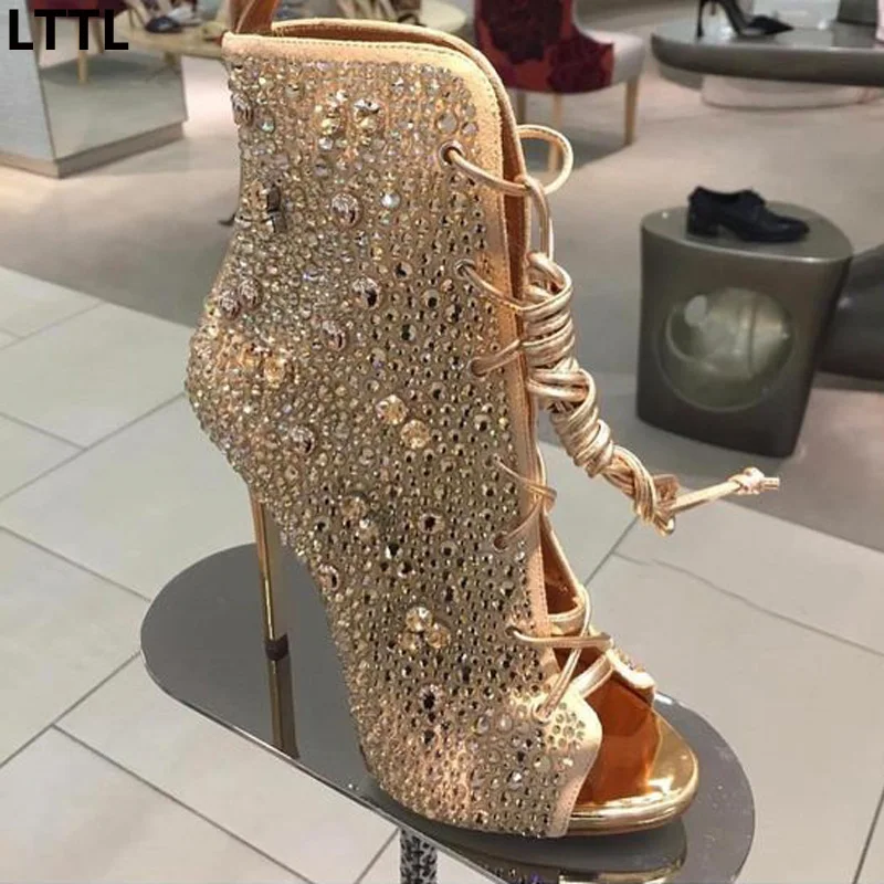 New Arrival Fashion Women Bling Bling Crystal Stiletto High Heel Ankle Boots Glittering Lace-Up Peep Toe Dress Sandal Booties