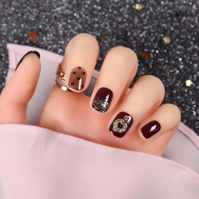 

24pcs Cute Wine Red Point Wear Dot Nail Bride Patch Finished Dot DIY Fake Nails Short Round Head Acrylic False Nail With Glue