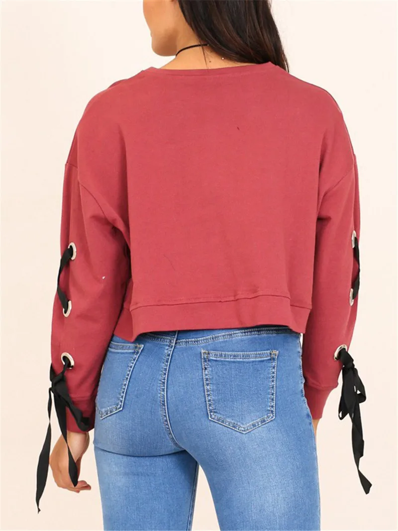 Gladiolus Fashion 2018 Autumn Sweatshirt Women Lace Up Long Sleeve Pink Sexy Crop Top Loose Pullover Hoodie Women Tracksuit Tops (21)
