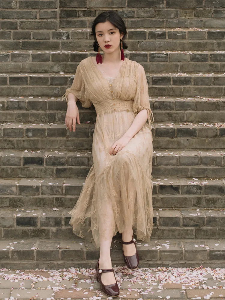 Ubei Викторианский французский стиль суд винтажное платье очень сказочное платье для женщин высокая тонкая талия праздничное длинное кружевное платье Лето
