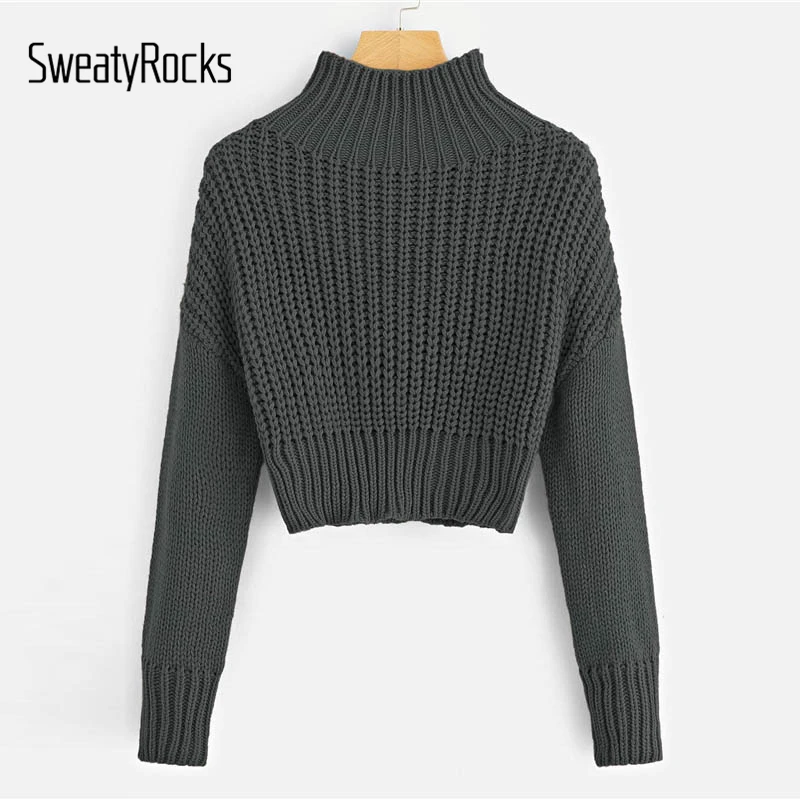 Дешево Свитер SweatyRocks с воротником стойкой, короткий свитер с длинным рукавом, женские элегантные пуловеры, топы, осень 2018, Женские Повседневные баз...