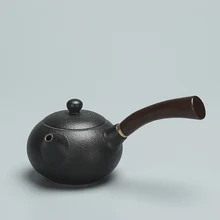Stoneware Side Teapot Handmade Black Pottery Japanese Antique Wooden Handle Teapot Single Pot Kung Fu Tea Set Pu'er Tea Maker 19 polmedia polish pottery 12 oz stoneware tea pot with sifter h2844g hand painted from wr in boleslawiec poland shape s253e 8d pattern p1852a dt2 unikat