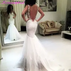 DZW366 спинки Vestido De Noiva 2019 Свадебные платья Русалочий силуэт, с бретельками Тюль Кружева Boho Дубай арабское свадебное платье невесты