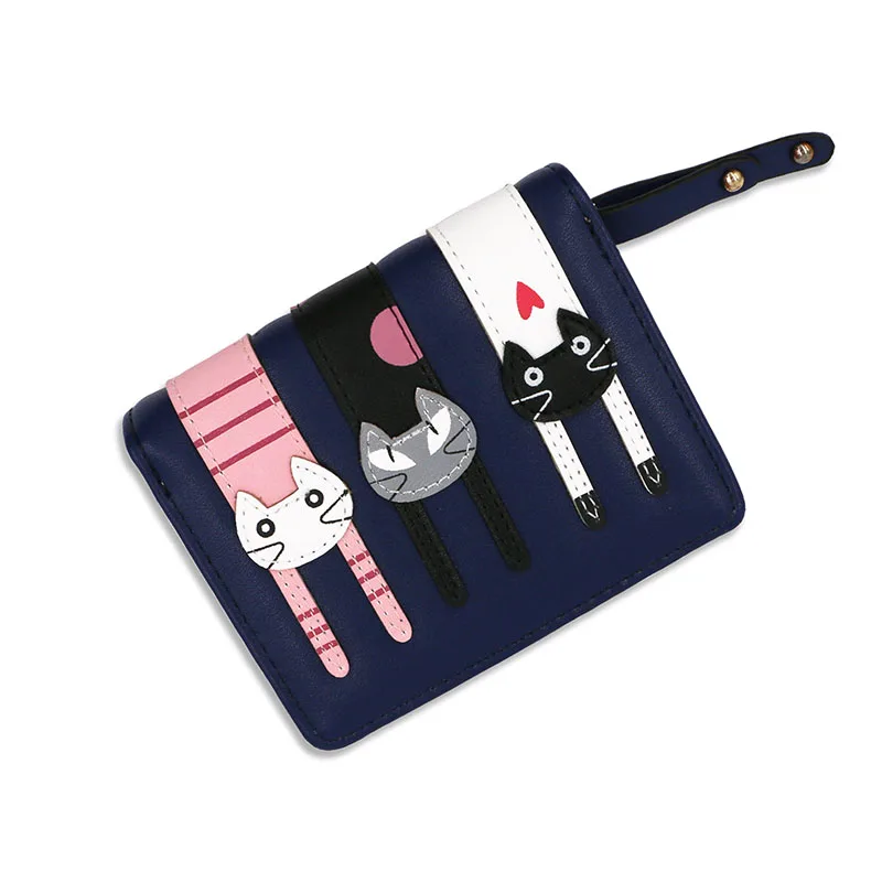 Jojopugo, модный розовый женский короткий кошелек из искусственной кожи с изображением трех котов, кошелек для денег для девочек, кошелек с рисунком, маленький кошелек - Цвет: Dark Blue