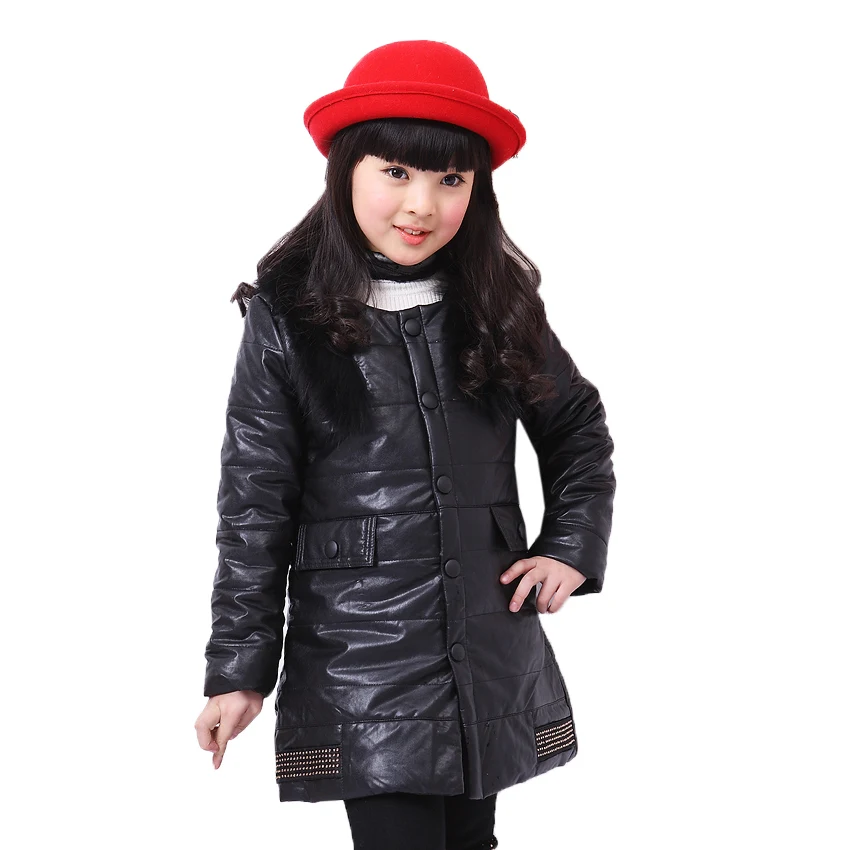 

Girls Parkas Coat Fur Collar Solid Kids Warm Outerwear Vestidos Winter Children PU Jackets Thick Infants Costumes Clothes 5-12Y